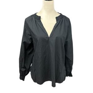 Nation LTD Black Smocked Neck Blouse Top L Pima Cotton Quiet Luxury Minimalist